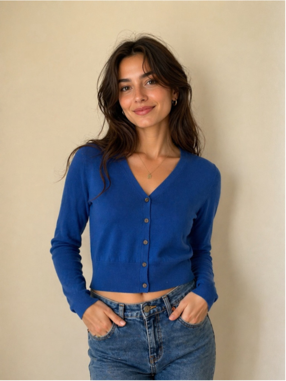 Judith & Charles Blue Cropped Cardigan | V-Neck Button Front | Size M